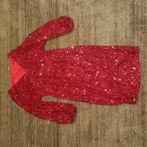 Red Sequin Long Sleeve Plunge Midi Dress